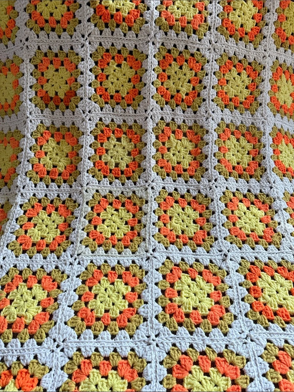 Hand Crafted Yellow Orange Cream Crochet Granny Square Throw Blanket